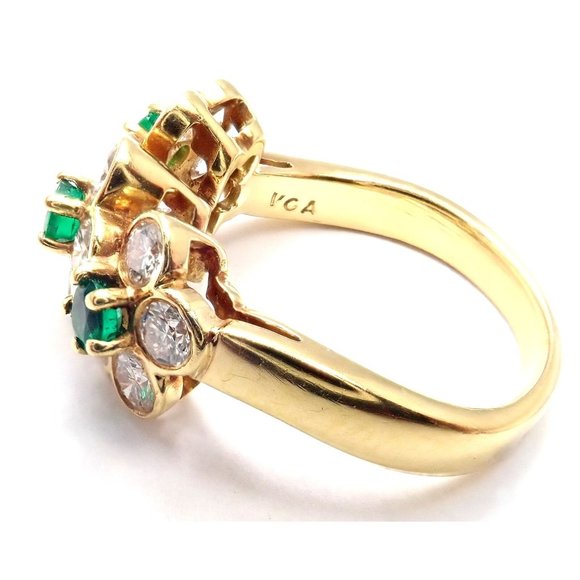 Authentic! Van Cleef & Arpels 18k Yellow Gold Emerald Diamond Fleurette Ring - Picture 5 of 9